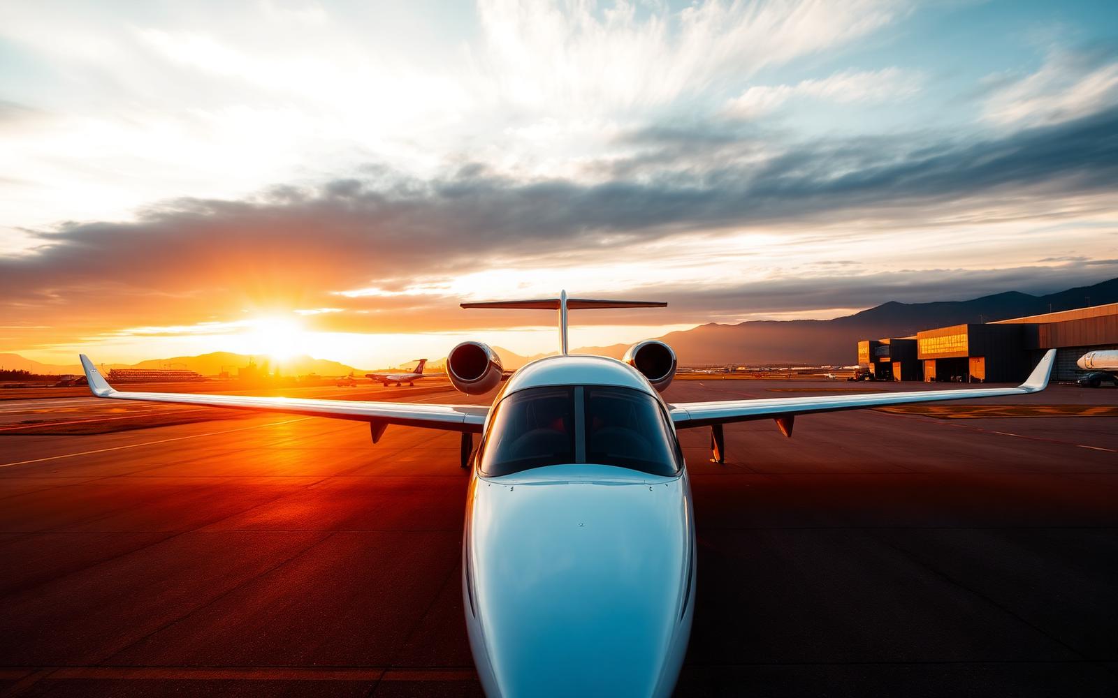 Privatjet auf dem Vorfeld des Flughafens Zürich bei Sonnenuntergang